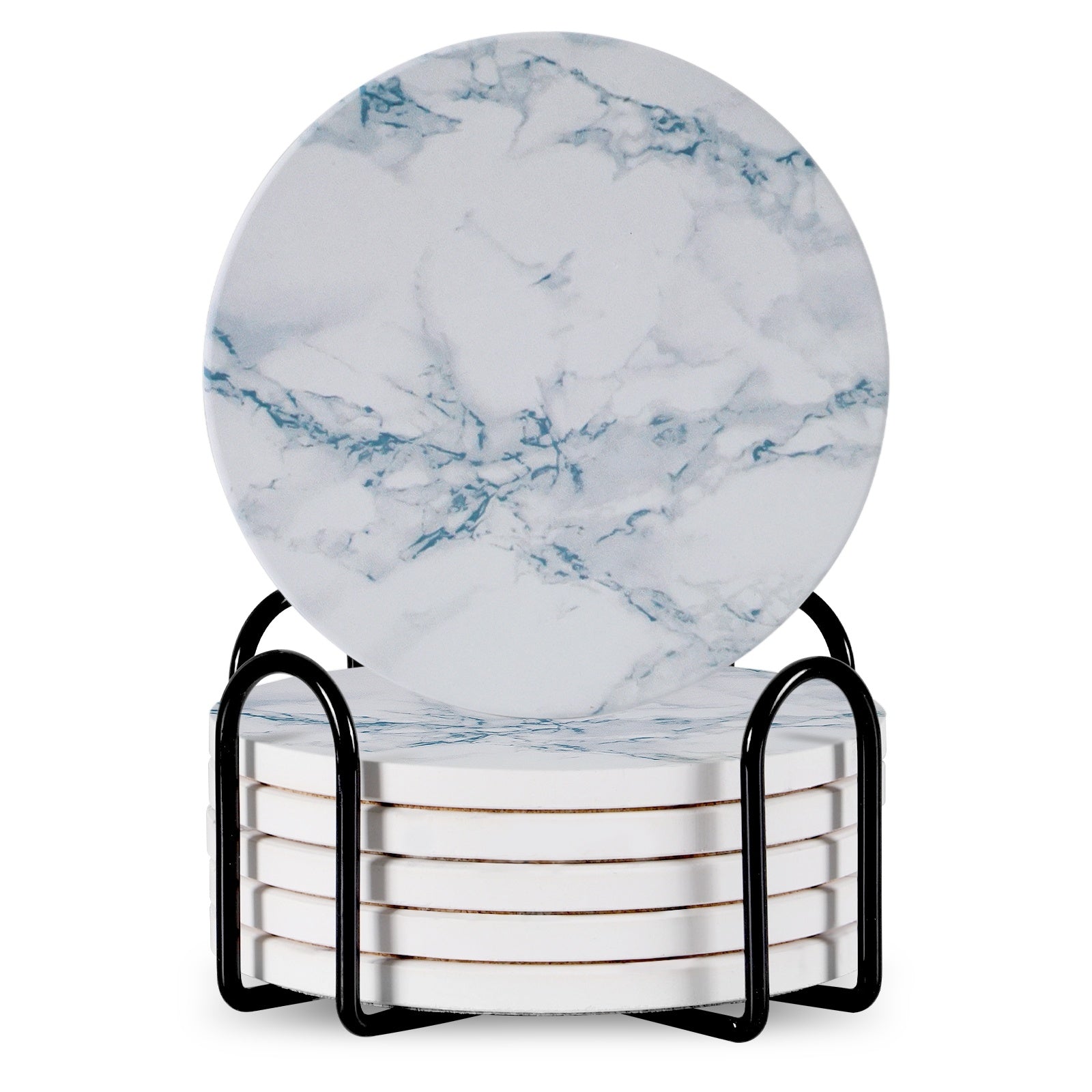 Set Of 6 Beverage Coasters With Stand Round 4in Ceramic Coaster With Metal Stand Absorbent Marble Stone Coaster With Cork Base Pi-Mart