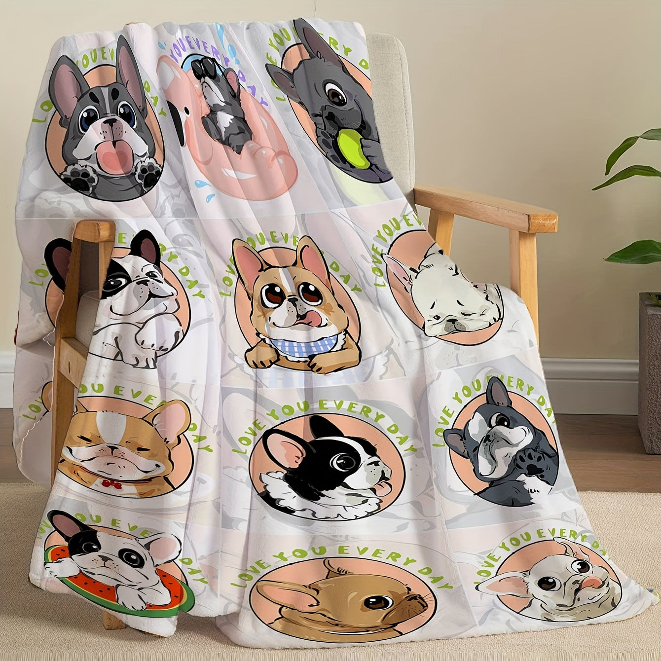 1pc Cute French Bulldog Gentle Blanket Soft Cozy Throw Blanket Nap Blanket Travel Couch Bed Office Home Decor, Gift Blanket, Available All Seasons
