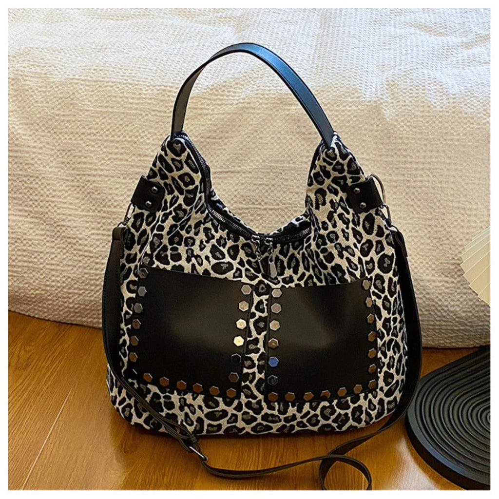 Ladies leopard print large capacity tote bag, vintage hobo bag casual, shoulder bag with crossbody strap, bag underarm bag women - SJB-DIAMOND ELITES