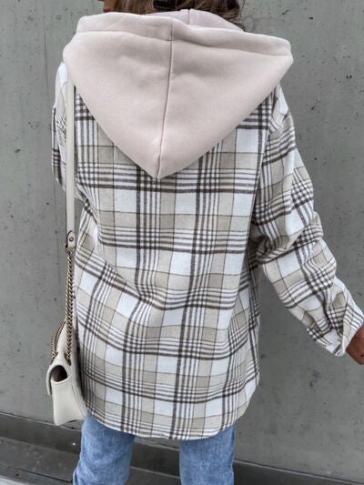 Vintage Retro Style Women Camel Plaid Button Up Jacket with Removable Hood Classic & Cozy Everyday Wear Stevvex