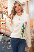 White Floral Embroidered Drop Sleeve Knit Sweater