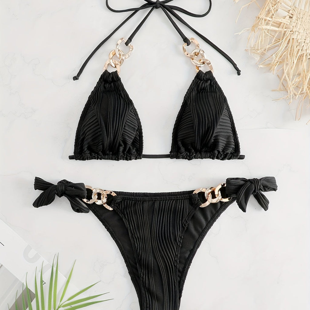 Bikini Ruched Texture Golden Chain 2 Piece Triangle Swimsuit for Women – Striped Halter Bikini Set with Bow Tie Side and Elegant Ring Link Detail – Stretchy Beachwear for Pool Bathing and Summer Vacations