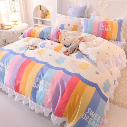 Ins Fashion Solid Cotton Bedding Set with Fitted Bed Sheet Cute Princess AB Double Sided Ruffle Quilt Cover Pillowcase Full Size Pi-Mart