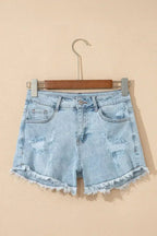 Beau Blue High Rise Distressed Raw Hem Denim Shorts