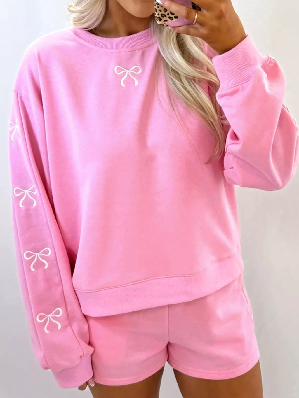Bow Embroidered Sweatshirt and Shorts Set THRIXINE