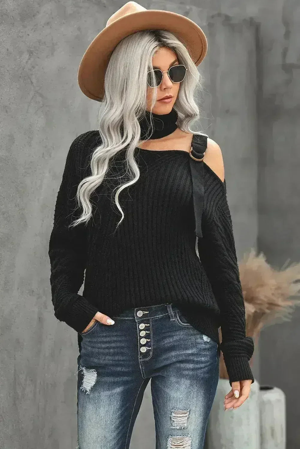 Winter Black Strapped Cut out Shoulder Turtleneck Sweater - SJB-DIAMOND ELITES
