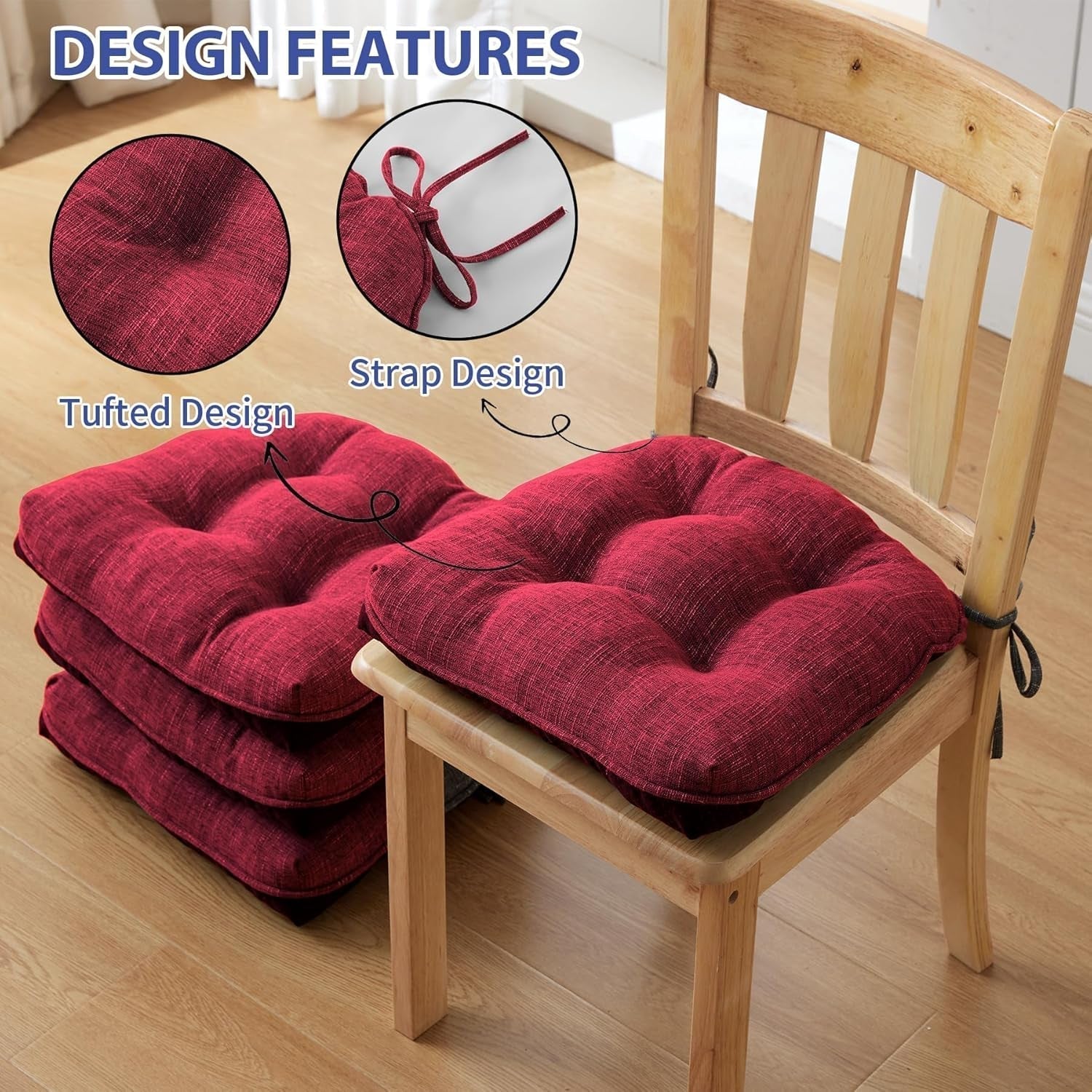 Chair Cushions for Dining Chairs Set of 4, Indoor Kitchen Chair Cushions with Ties and Non Slip Backing, Tufted Memory Foam Seat Cushions, Chair Pads 4 Pack, 15.5" X 15.5" X 4", Red Lootquake LLC