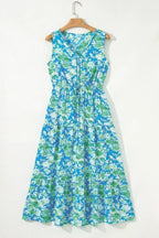 Green Floral Print Trimmed V Neck Sleeveless Vacation Dress