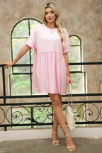 Sky Blue Solid Color Pocket Raw Edge Babydoll Dress