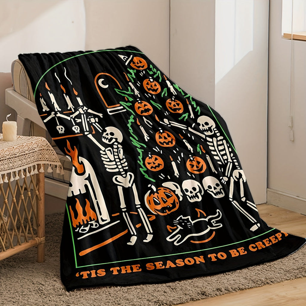1pc Halloween Blanket Pumpkin Skull Throw Blanket Flannel Fleece Blanket For Women, Men, Fuzzy Plush Lightweight Blanket For Bedroom Couch Sofa Black Lootquake LLC