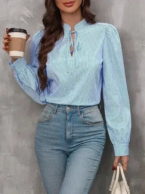 Striped Tie Neck Long Sleeve Blouse – Femstylo - SJB-DIAMOND ELITES