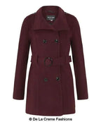 De La Creme - Womens Military Style Wool Belted Coat