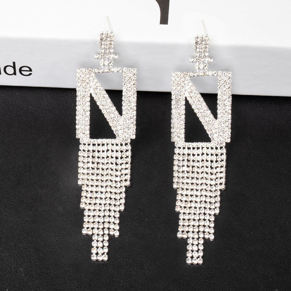 Fashion Jewelry 925 Silver Needle Ornaments Rhinestone Letter B Earrings Banquet Tassel Ear Ornaments Female Pi-Mart