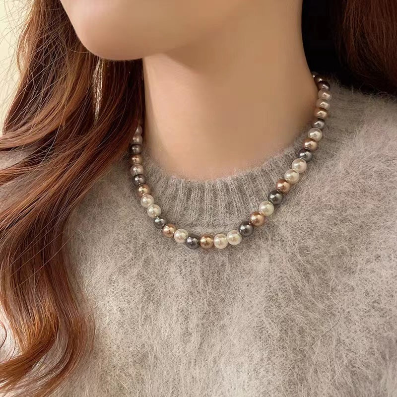 Womens Mixed-Color Glass Pearl Necklace Jewelry Pi-Mart