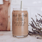 Deck The Halls 17oz Glass Tumbler With Bamboo Lid, Stainless Straws and Cleaner BandsCo Straps