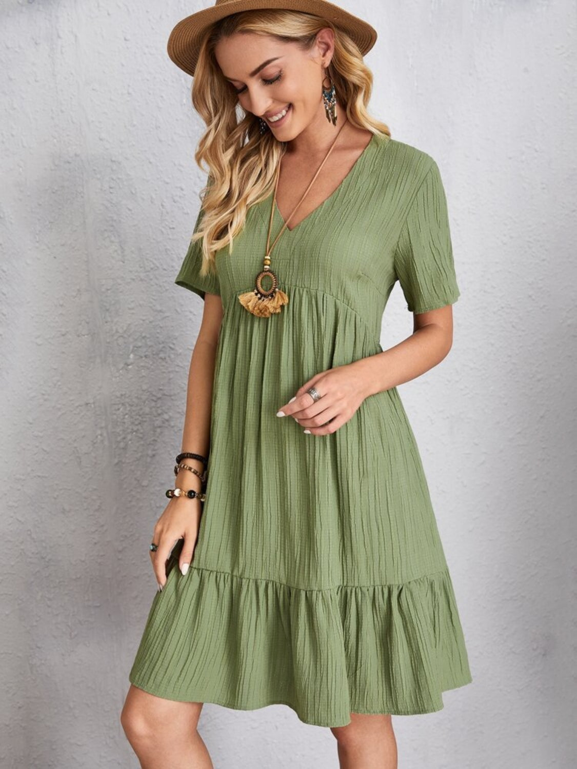 Classic Full Size V-Neck Short Sleeve Dress Casual & Comfortable Dress for Women Stevvex