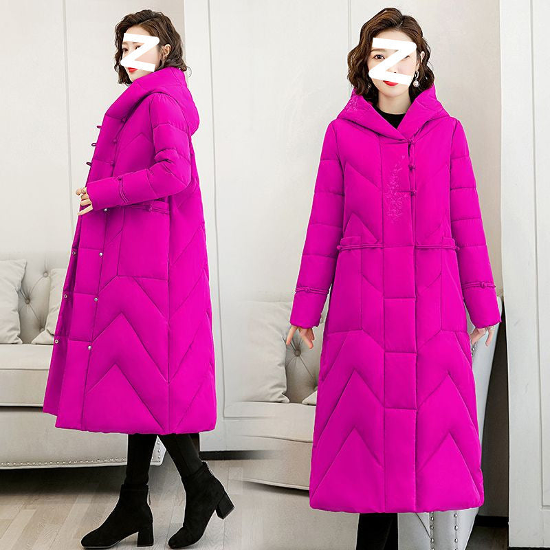 Plus Size Overknee Long Warm Hooded Cotton Jacket Pi-Mart