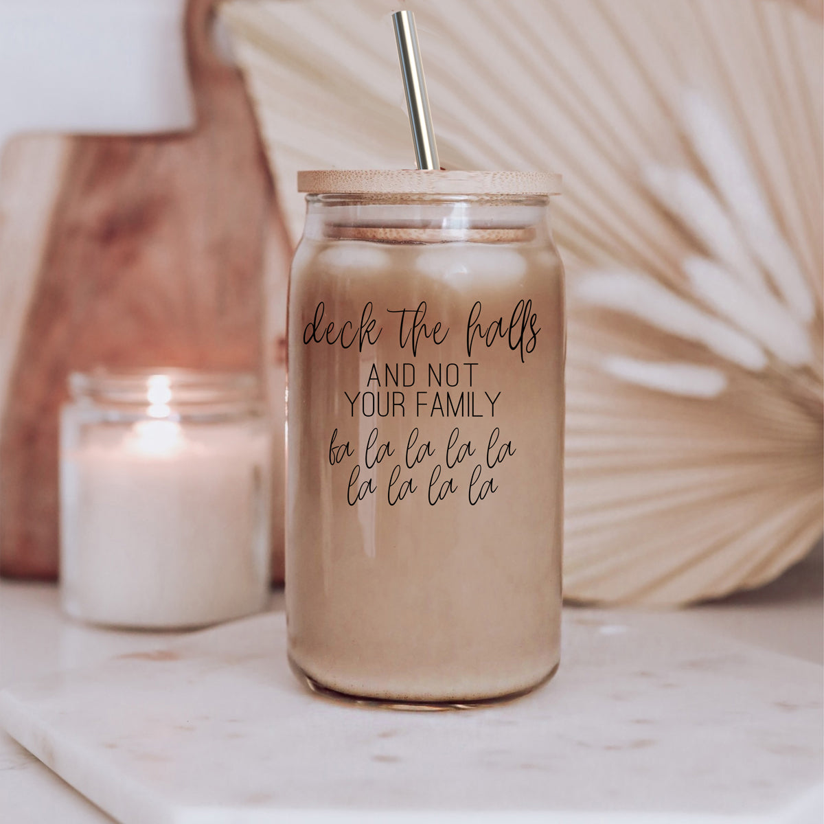 Deck The Halls 17oz Glass Tumbler With Bamboo Lid, Stainless Straws and Cleaner BandsCo Straps