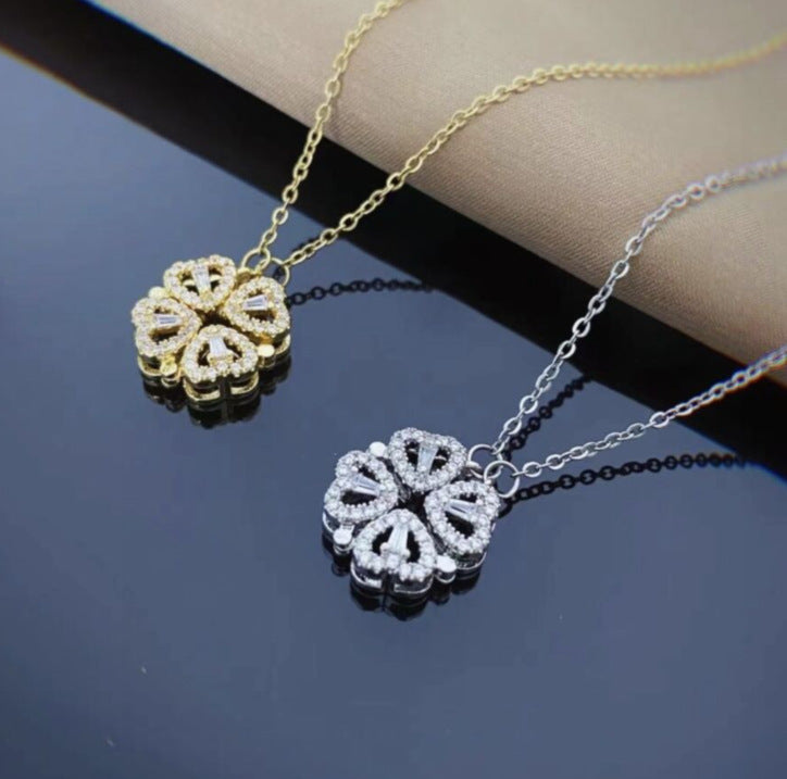 Retro Magnetic Folding Heart Shaped Four Leaf Clover Pendant Necklace Women Love Clavicle Chain Gifts Openable Choker Jewelry Pi-Mart