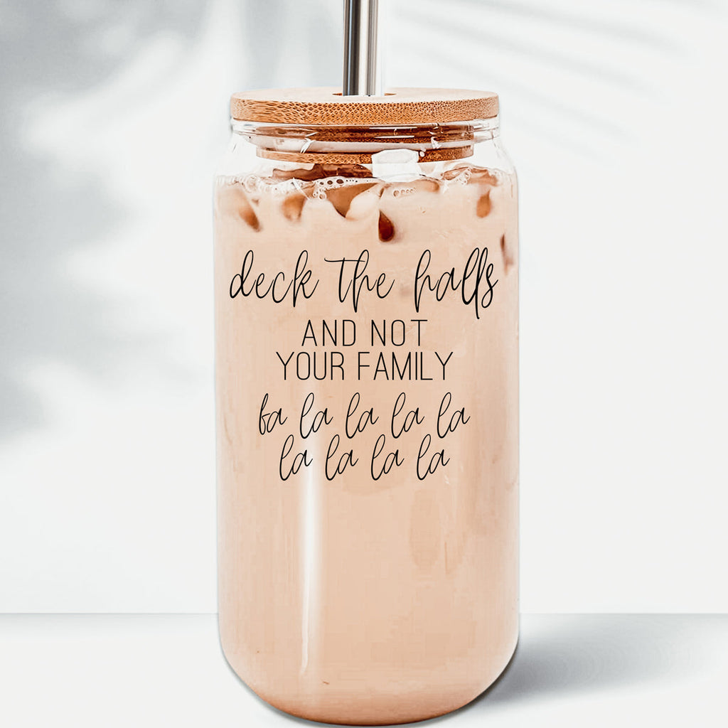 Deck The Halls 17oz Glass Tumbler With Bamboo Lid, Stainless Straws and Cleaner BandsCo Straps