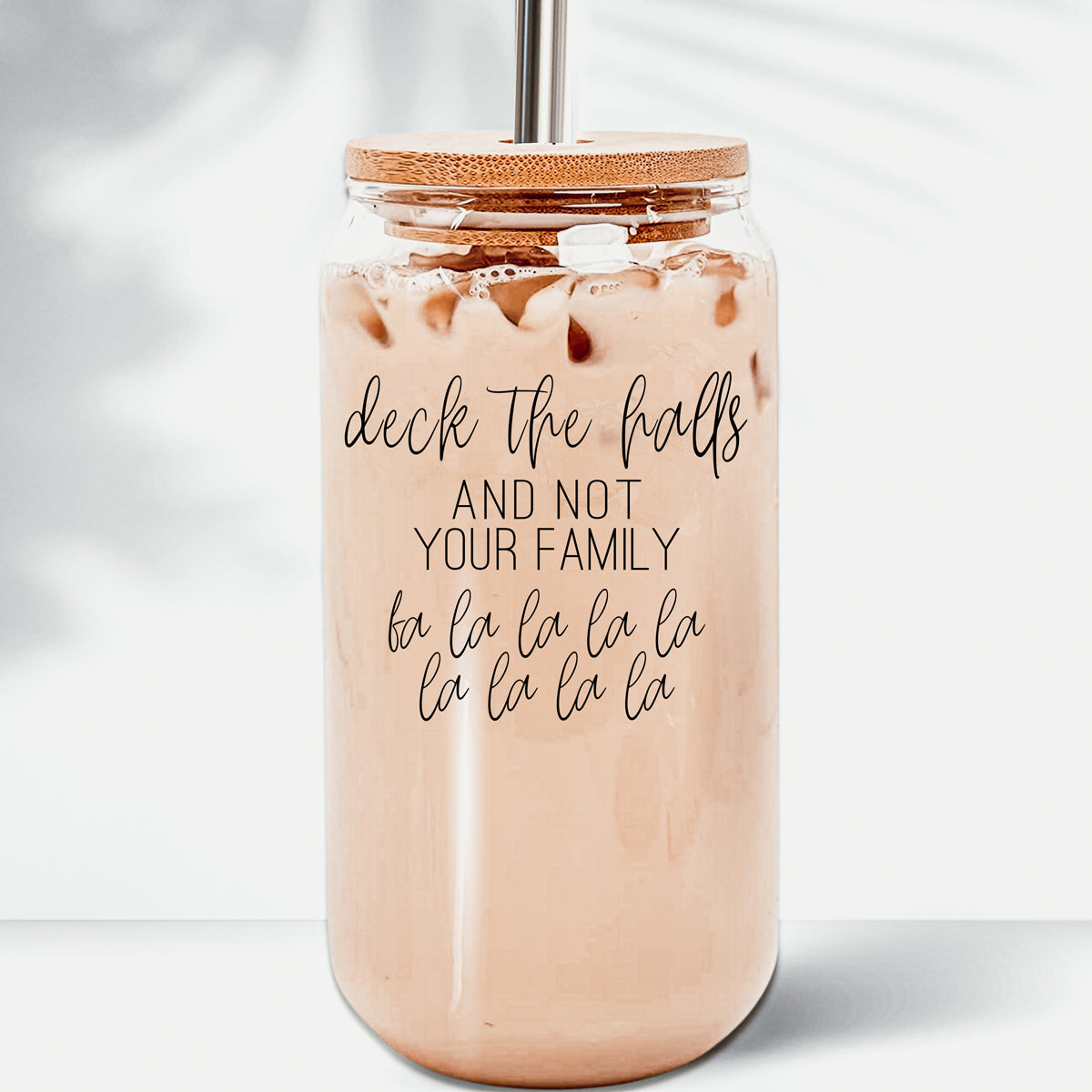 Deck The Halls 17oz Glass Tumbler With Bamboo Lid, Stainless Straws and Cleaner BandsCo Straps