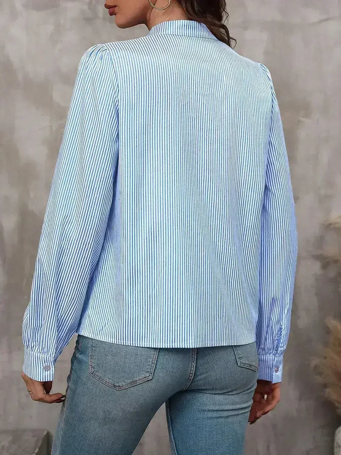 Striped Tie Neck Long Sleeve Blouse – Femstylo - SJB-DIAMOND ELITES