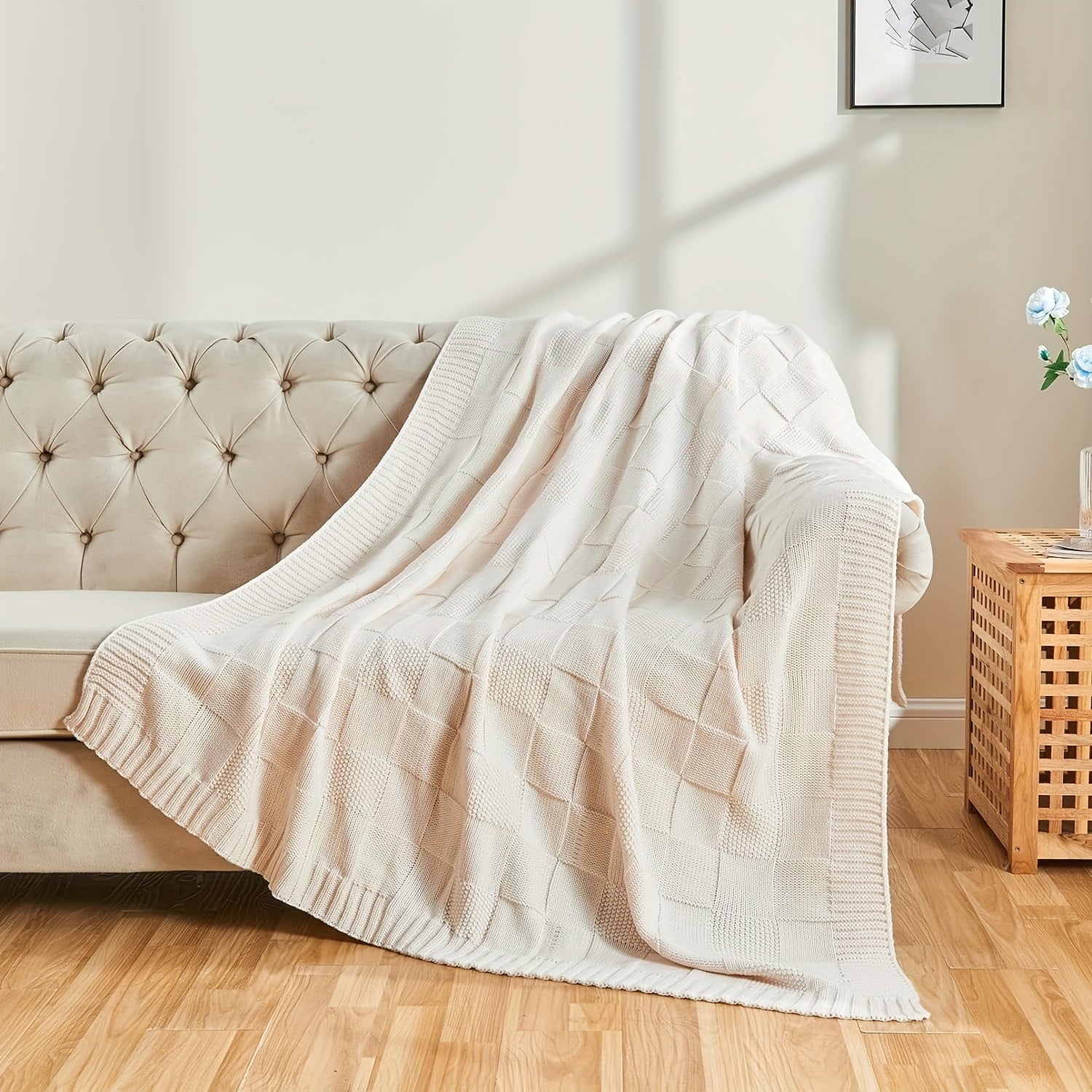 1pc Knit Throw Blanket, White Checkered Throw Blanket For Couch, Soft Cozy Warm Knitted Throw Blanket For Bed Sofa Lootquake LLC