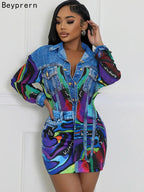Beyprern Lux Denim Effect Set Women's Print Long Sleeve Colorful Blouse Top And Skirt Set Two-Piece Dress Outfits Night Clubwear Purplish Diva