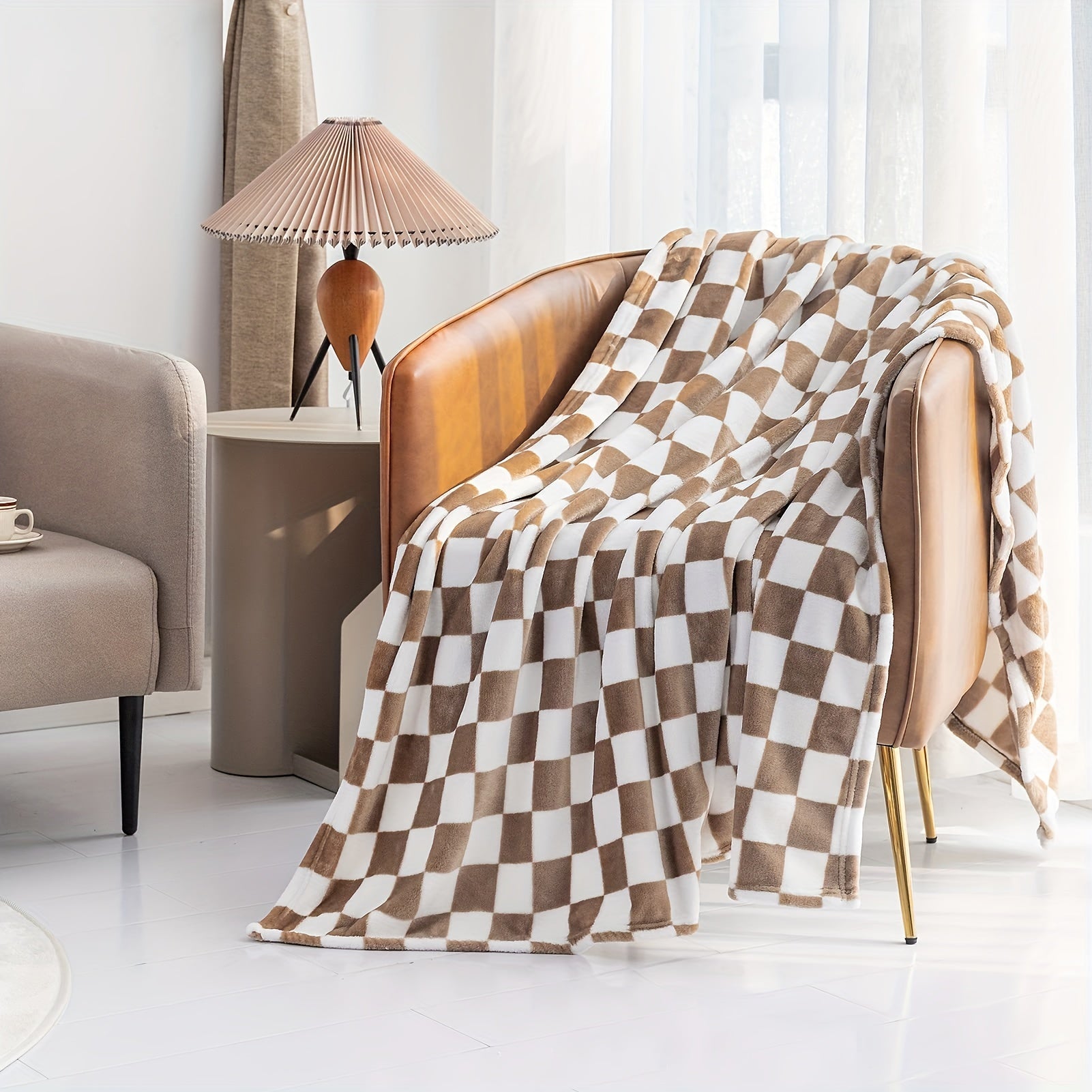 1pc Throw Blankets Flannel Blanket With Checkerboard Grid Pattern Soft Throw Blanket For Couch, Bed, Sofa Luxurious Warm And Cozy For All Seasons