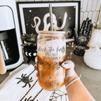 Deck The Halls 17oz Glass Tumbler With Bamboo Lid, Stainless Straws and Cleaner BandsCo Straps