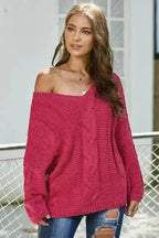 Casual Rose Bubblegum V-Neck Braided Knit Sweater - SJB-DIAMOND ELITES