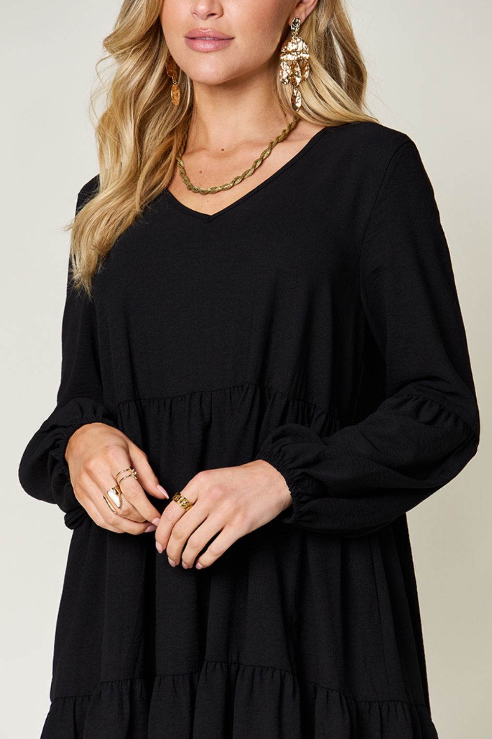 Light Green Double Take Full Size V-Neck Sleeve Tiered Dress with Pockets Elegant & Comfortable Casual Dress Stevvex