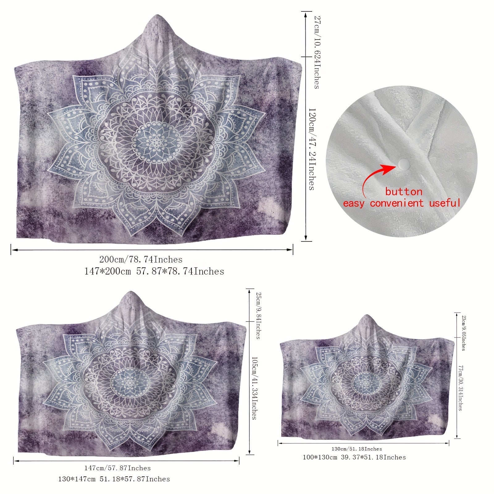 1pc Boho Mandala Patterns Hooded Blanket Thick Nap Wearable Blanket Magic Blanket Hooded Cape Cozy Warm Soft Blanket For Sofa Office Bed And Travelling