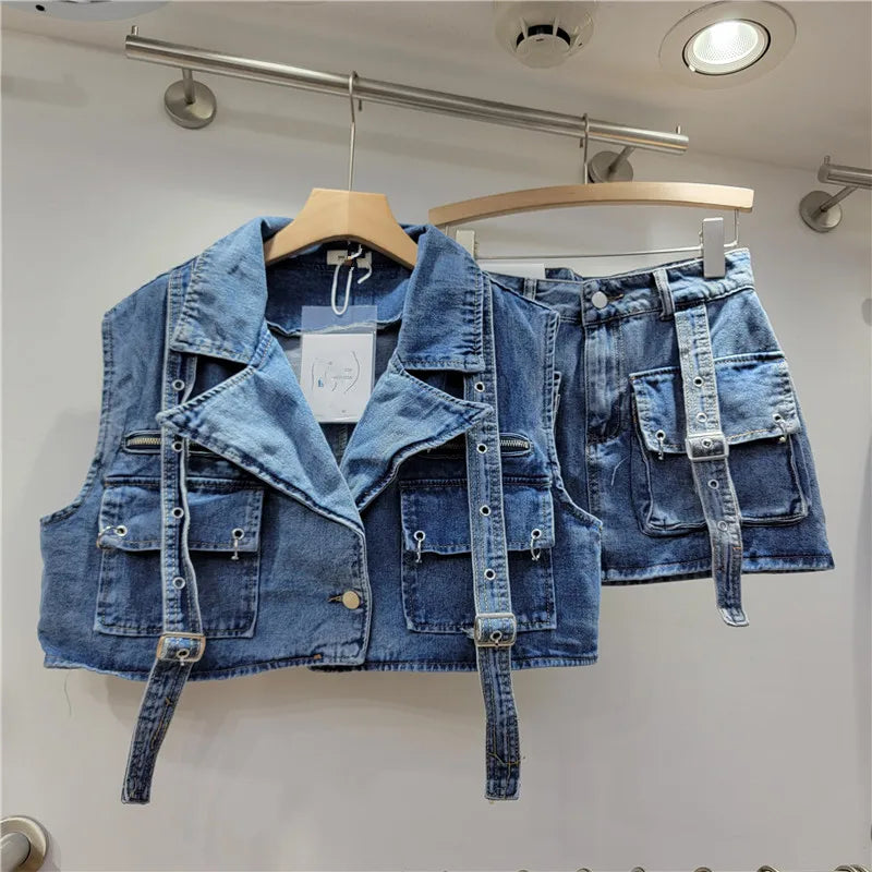 Retro Pink Large Pocket Denim Suit Spring Summer Sleeveless Short Vest High Waist Hip Wrapped Skirt 2 Pieces Sets Women Outfits Purplish Diva