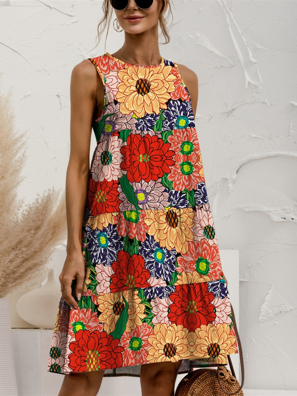 Charming Tiered Printed Round Neck Sleeveless Dress Trendy & Stylish Summer Dress for Women Stevvex