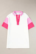 White Stripe Colorblock Sleeve Collared Pop of Color Neckline Dress