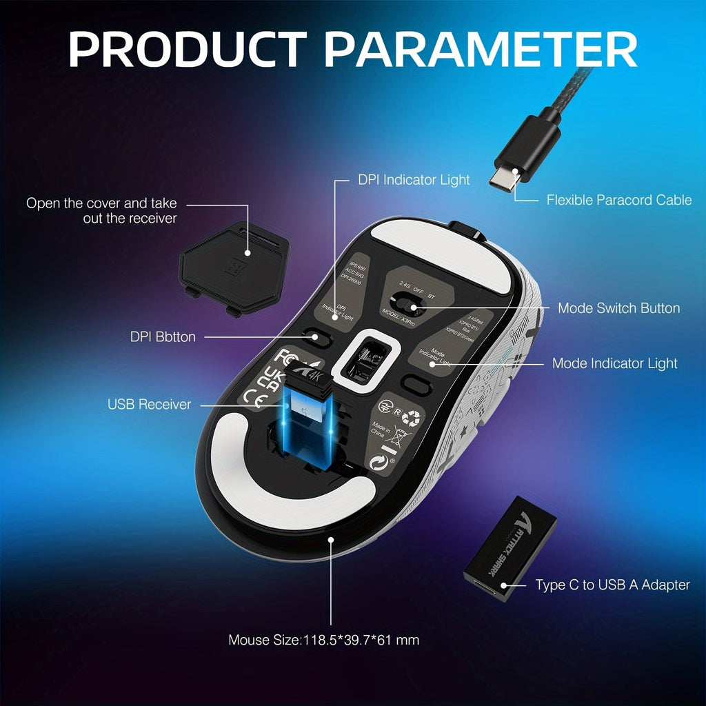 4K/8K ATTACK SHARK X3PRO Wireless Gaming Mouse - Ultra-Lightweight, Sweat-Resistant, Anti-Slip Design with Self-Adhesive Elastics Refined Side Grips, Anti-Sweat Paste, and Premium Grip Tape for Enhanced Gaming Performance Lootquake LLC