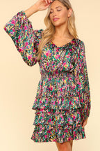 V-Neck Satin Floral Layered Dress – Satin Floral Dress, Layered V-Neck Dress, Elegant Floral Dress, Flowy Satin Dress, Summer Party Dress