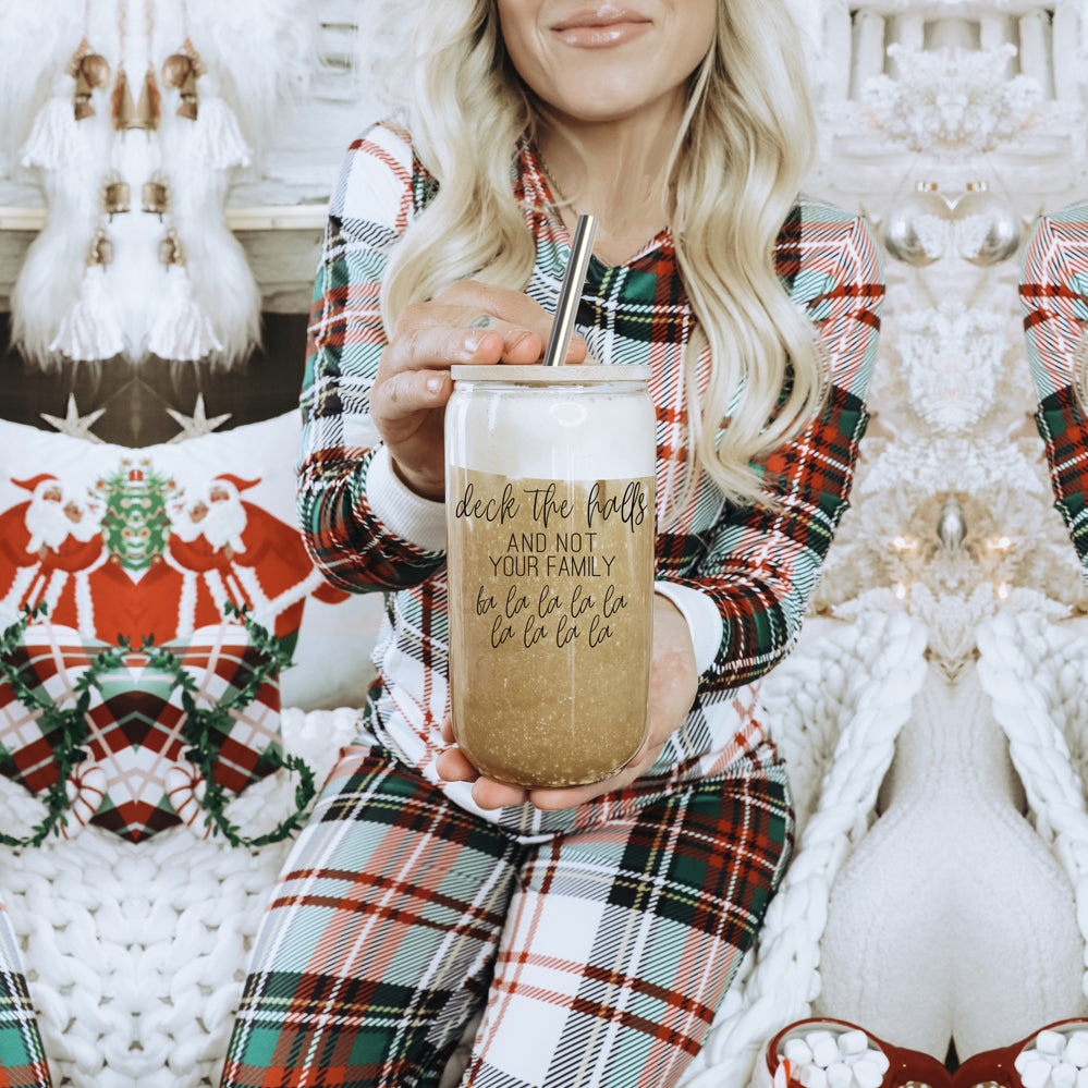 Deck The Halls 17oz Glass Tumbler With Bamboo Lid, Stainless Straws and Cleaner BandsCo Straps