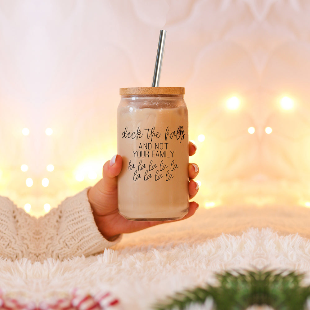 Deck The Halls 17oz Glass Tumbler With Bamboo Lid, Stainless Straws and Cleaner BandsCo Straps