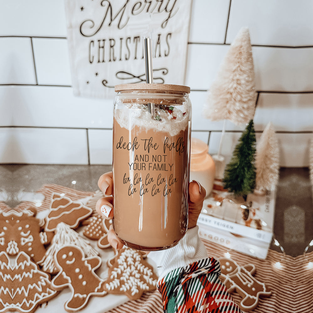Deck The Halls 17oz Glass Tumbler With Bamboo Lid, Stainless Straws and Cleaner BandsCo Straps