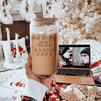Deck The Halls 17oz Glass Tumbler With Bamboo Lid, Stainless Straws and Cleaner BandsCo Straps