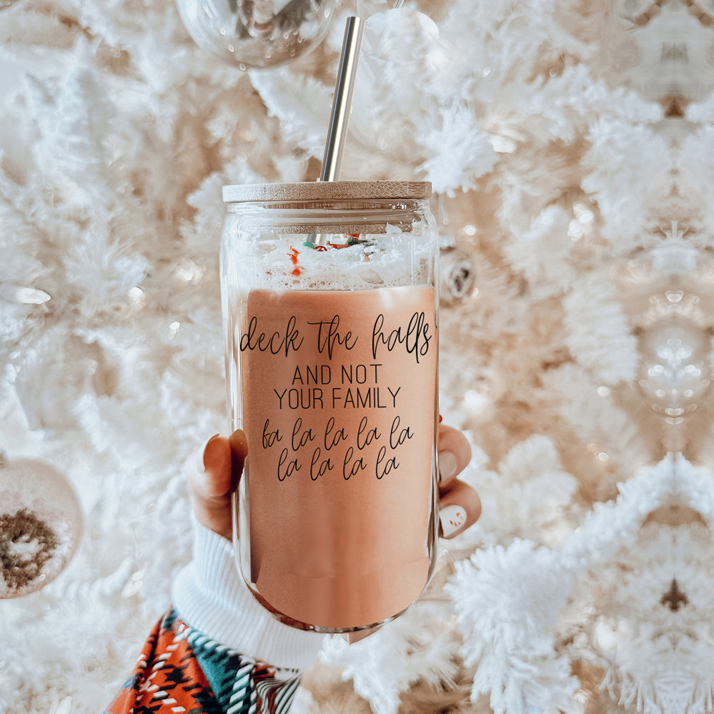 Deck The Halls 17oz Glass Tumbler With Bamboo Lid, Stainless Straws and Cleaner BandsCo Straps