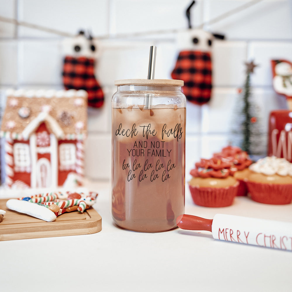 Deck The Halls 17oz Glass Tumbler With Bamboo Lid, Stainless Straws and Cleaner BandsCo Straps