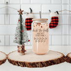 Deck The Halls 17oz Glass Tumbler With Bamboo Lid, Stainless Straws and Cleaner BandsCo Straps