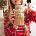Deck The Halls 17oz Glass Tumbler With Bamboo Lid, Stainless Straws and Cleaner BandsCo Straps