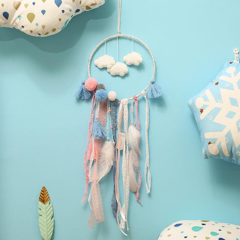Decoration Home Dream Catchers Hanging Wall Decor Art Pendant Handmade Traditional White Cloud Dream Catcher With Led String Lights Wall Hanging Kids Room Decor Nursery Wall Art Ornament Decor Craft Gift Cute Wind Chimes National Feather Kids Girls Stevvex