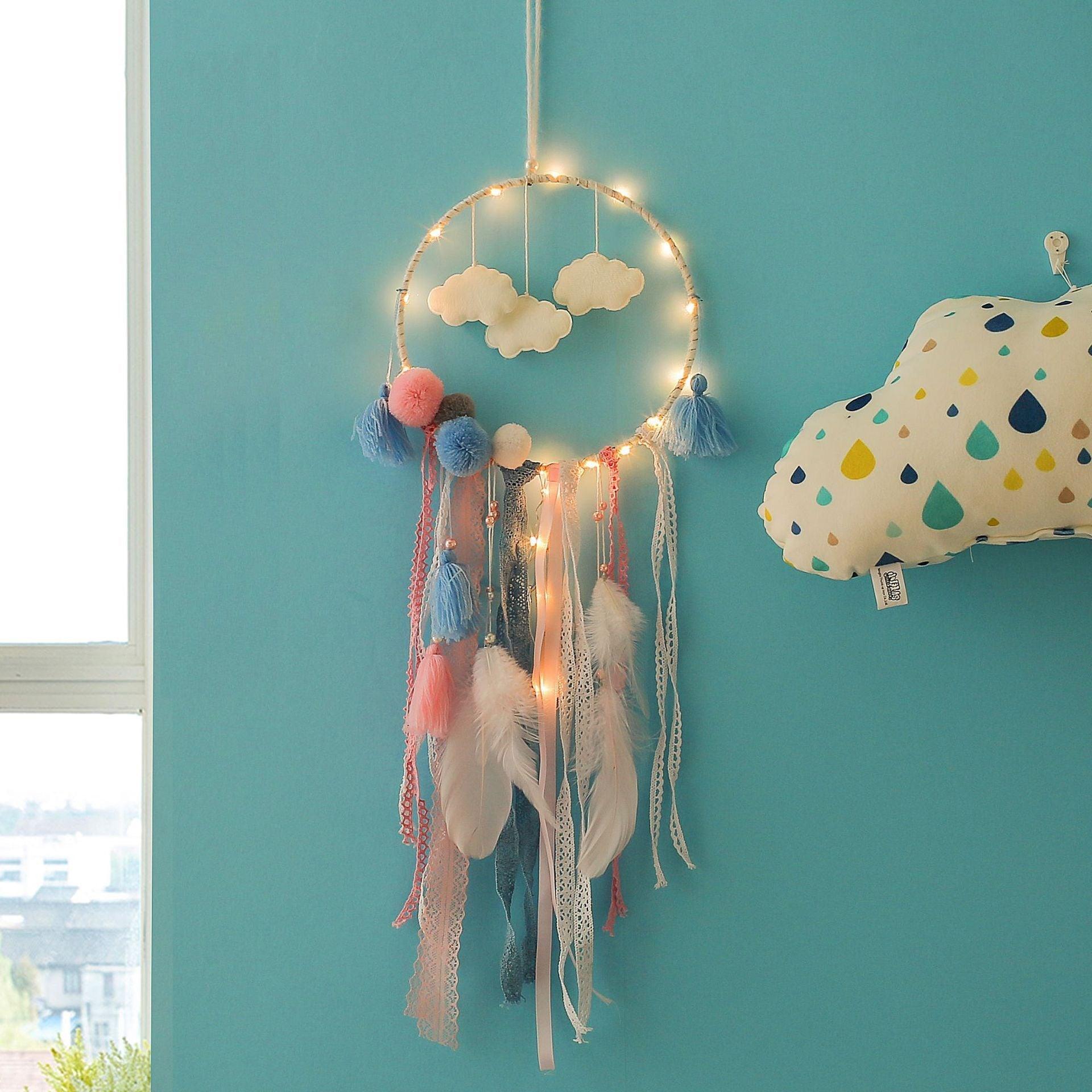 Decoration Home Dream Catchers Hanging Wall Decor Art Pendant Handmade Traditional White Cloud Dream Catcher With Led String Lights Wall Hanging Kids Room Decor Nursery Wall Art Ornament Decor Craft Gift Cute Wind Chimes National Feather Kids Girls Stevvex