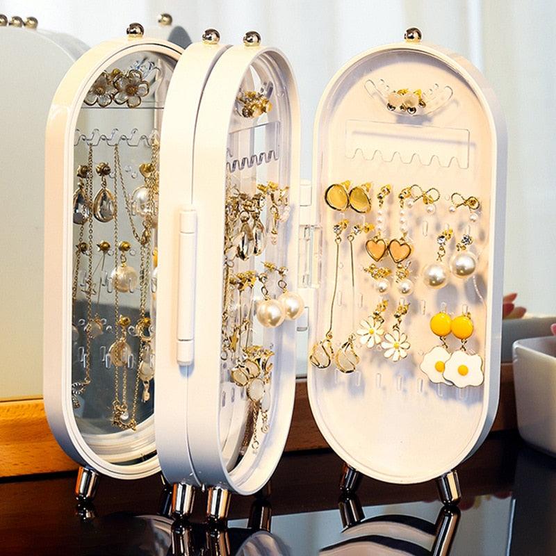 Desktop Jewelry Storage Box Multilayer Dustproof Earrings Rings Necklaces Display Holder Case for Women Jewelry Organizer Box Collapsible Earring Holder Jewelry Organizer Box with Mirror Earring Necklace Jewelry Box Organizer Stevvex