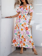 Elegant Printed V-Neck Short Sleeve Maxi Dress Beautiful Casual Women Long Dress